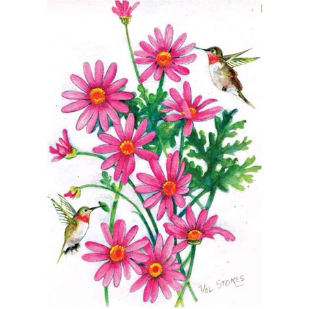Pink Daisies & Hummingbirds House Flag 28 inch