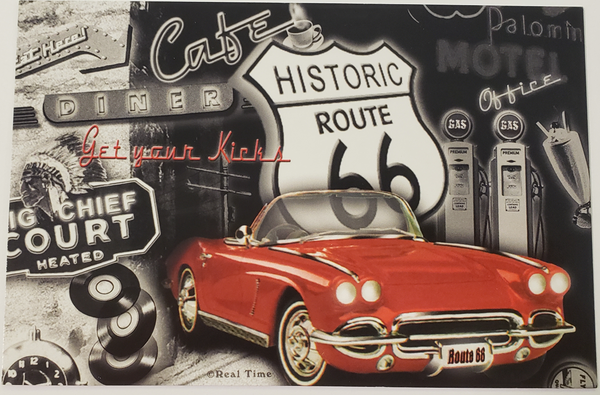 Historic Rte 66 Red Car Postcard
